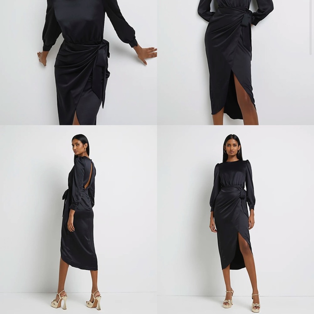 Black satin wrap midi dress